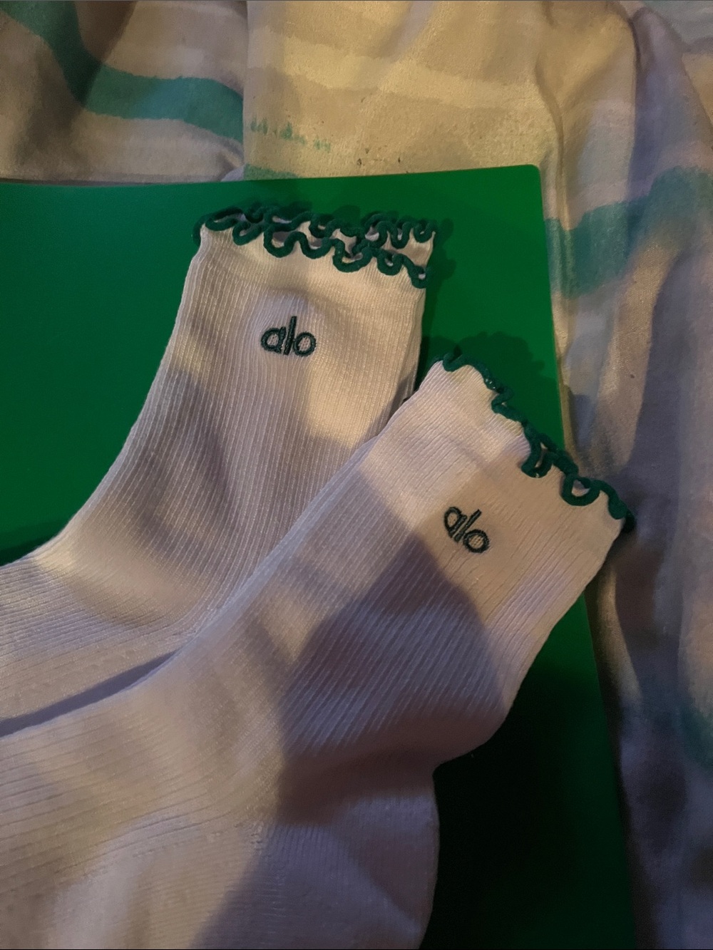 ALO Yoga White Crew Socks with Green Scalloped Edge